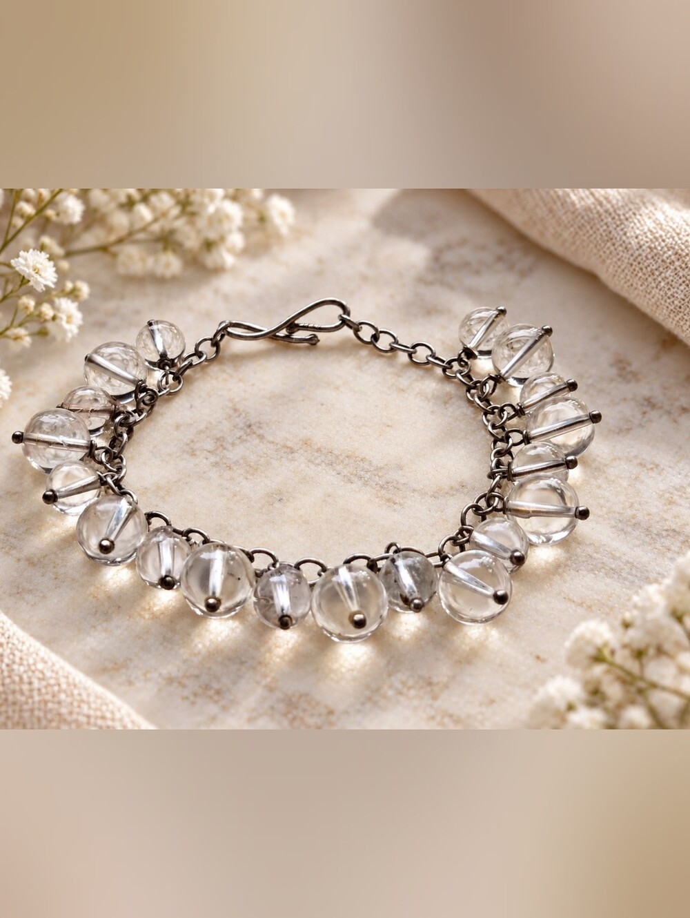✨ Sterling Silver 925 Clear Crystal Quartz Dangle Ball Charm Bracelet